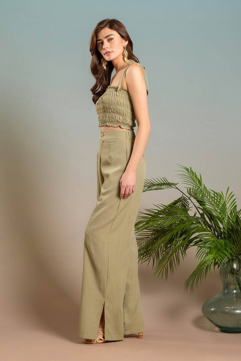 HIGH WAIST WIDE SPLIT LEG DRESS PANTS: OLIVE