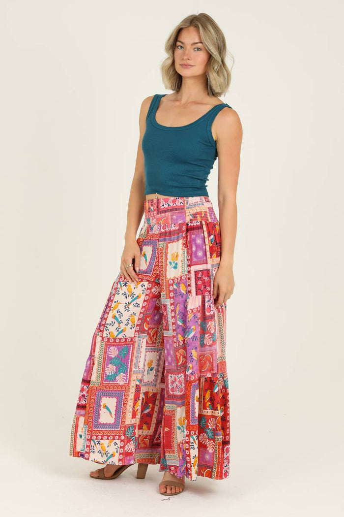 PRINTED WIDE LEG PANTS BLACK