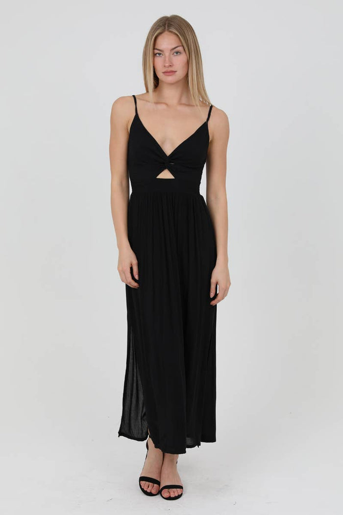 V NECK TWIST FRONT SIDE SLITS MAXI DRESS BLACK