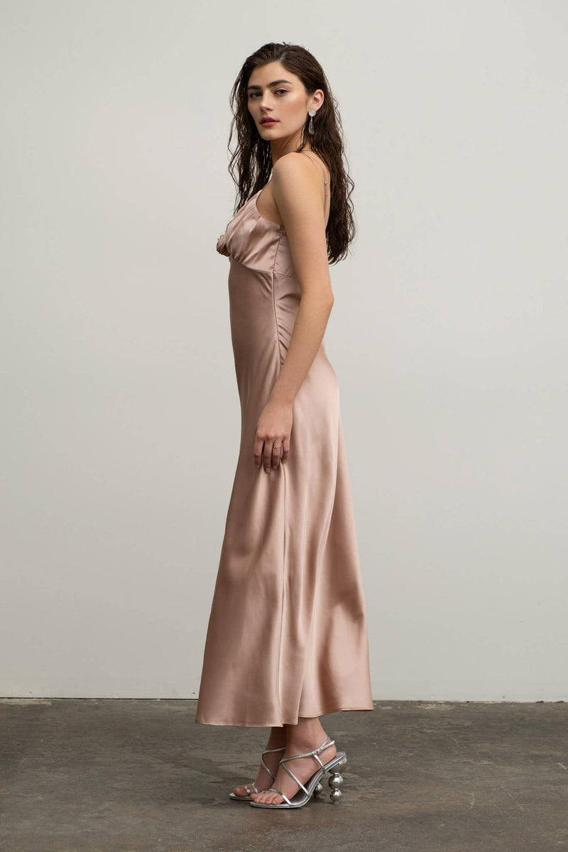 SATIN ROSETTE SLEEVELESS MAXI DRESS: BLUSH