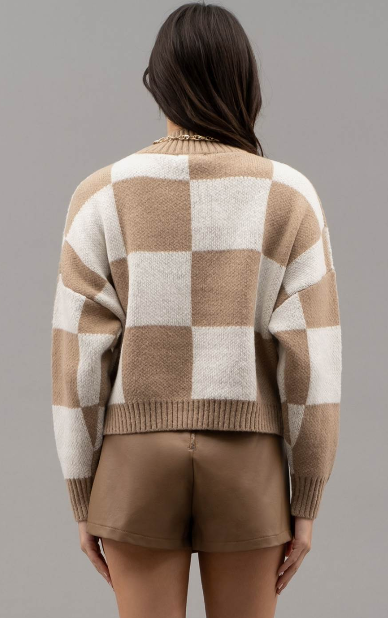 Checkered Crew Neck Knit Sweater