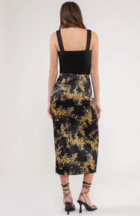 Rouched Floral Side Slit Midi Skirt